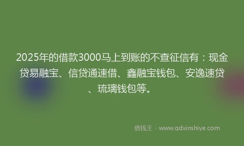 2025年的借款3000马上到账的不查征信有：现金贷易融宝、信贷通速借、鑫融宝钱包、安逸速贷、琉璃钱包等。