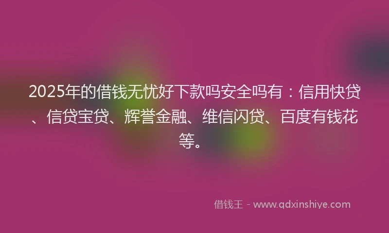 2025年的借钱无忧好下款吗安全吗有：信用快贷、信贷宝贷、辉誉金融、维信闪贷、百度有钱花等。