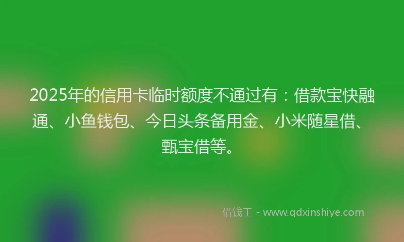 2025年的信用卡临时额度不通过有：借款宝快融通、小鱼钱包、今日头条备用金、小米随星借、甄宝借等。