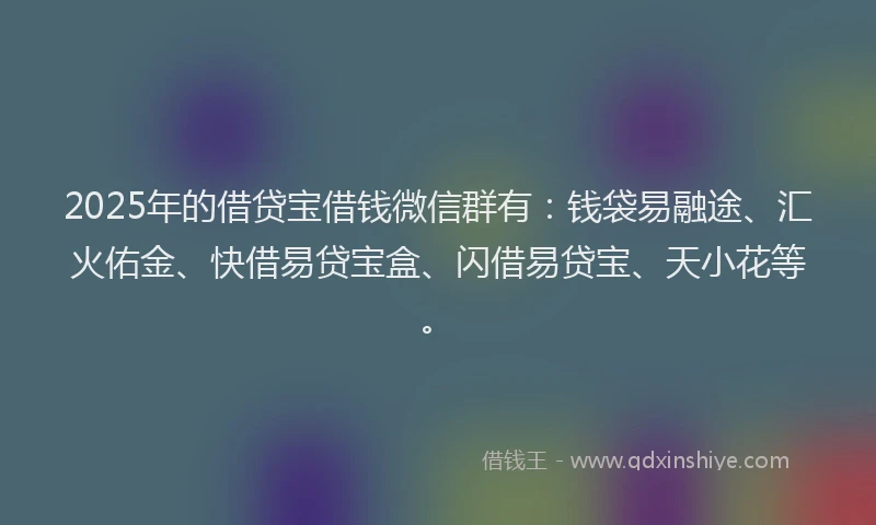 2025年的借贷宝借钱微信群有：钱袋易融途、汇火佑金、快借易贷宝盒、闪借易贷宝、天小花等。