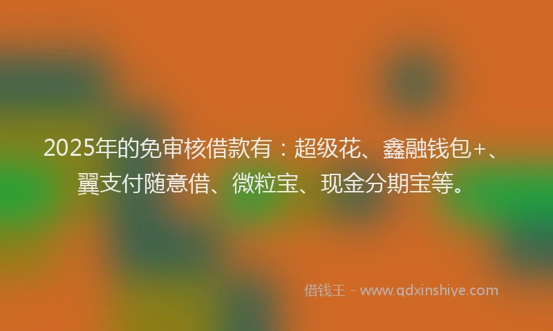 2025年的免审核借款有：超级花、鑫融钱包+、翼支付随意借、微粒宝、现金分期宝等。