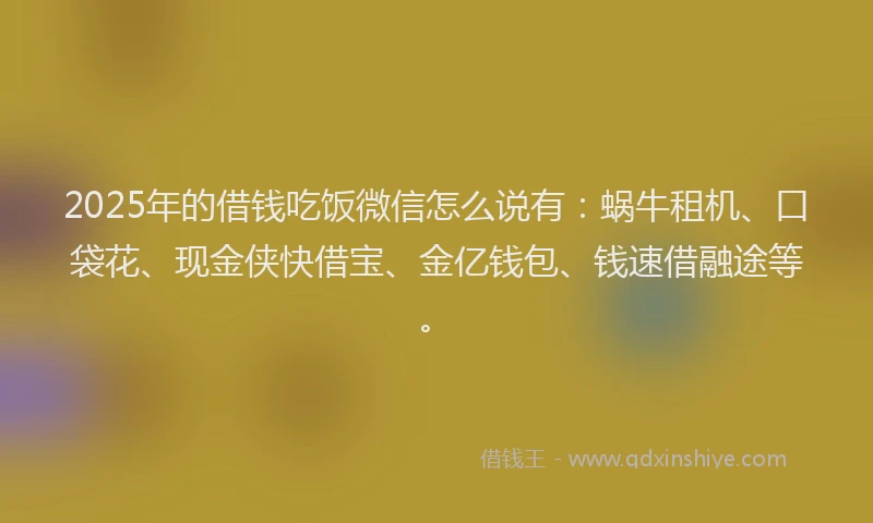 2025年的借钱吃饭微信怎么说有：蜗牛租机、口袋花、现金侠快借宝、金亿钱包、钱速借融途等。