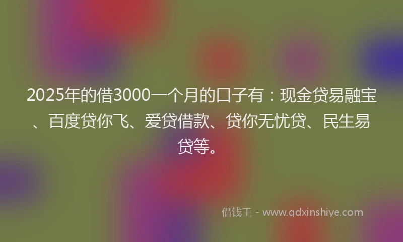 2025年的借3000一个月的口子有：现金贷易融宝、百度贷你飞、爱贷借款、贷你无忧贷、民生易贷等。