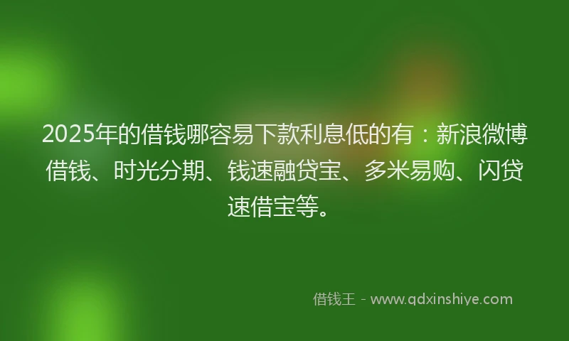 2025年的借钱哪容易下款利息低的有：新浪微博借钱、时光分期、钱速融贷宝、多米易购、闪贷速借宝等。