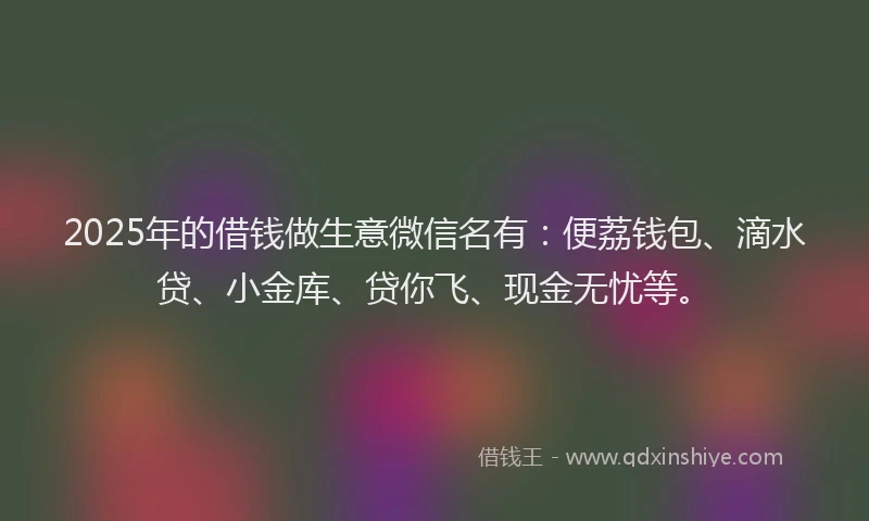2025年的借钱做生意微信名有：便荔钱包、滴水贷、小金库、贷你飞、现金无忧等。