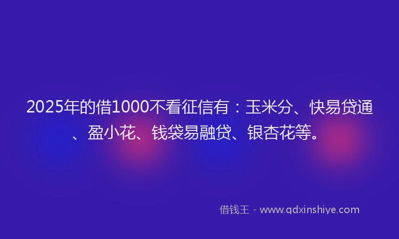 2025年的借1000不看征信有：玉米分、快易贷通、盈小花、钱袋易融贷、银杏花等。