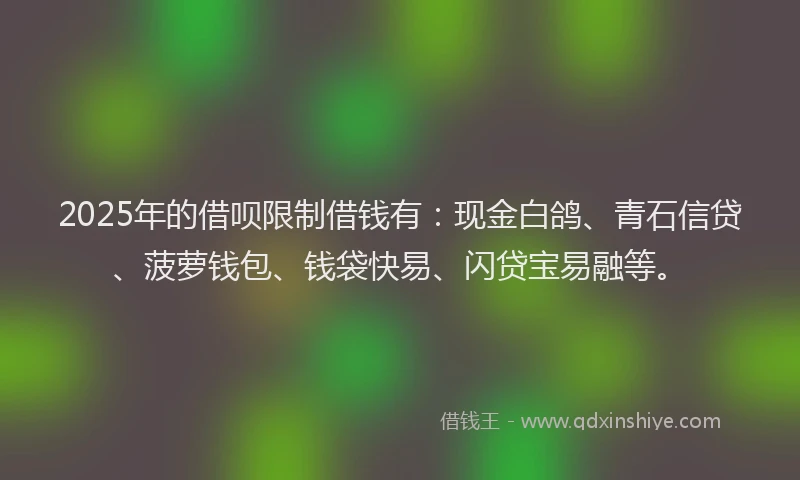 2025年的借呗限制借钱有：现金白鸽、青石信贷、菠萝钱包、钱袋快易、闪贷宝易融等。