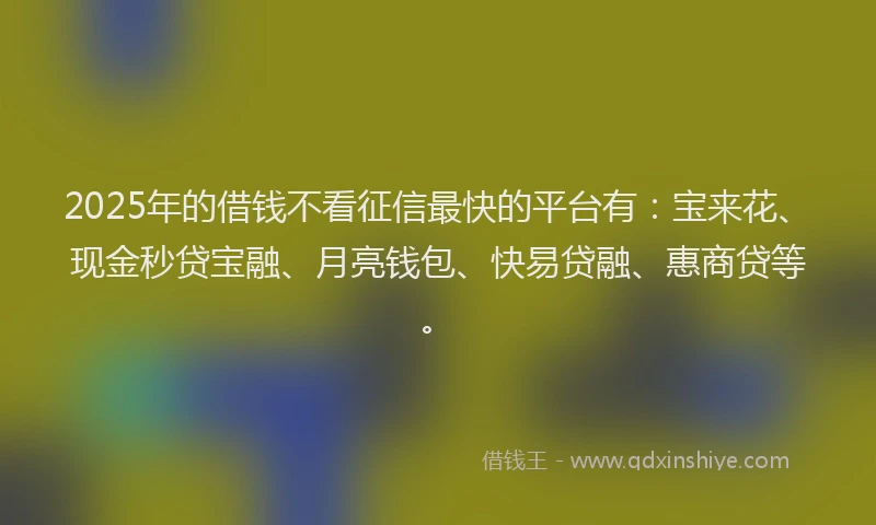 2025年的借钱不看征信最快的平台有：宝来花、现金秒贷宝融、月亮钱包、快易贷融、惠商贷等。