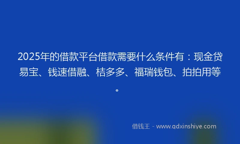 2025年的借款平台借款需要什么条件有：现金贷易宝、钱速借融、桔多多、福瑞钱包、拍拍用等。
