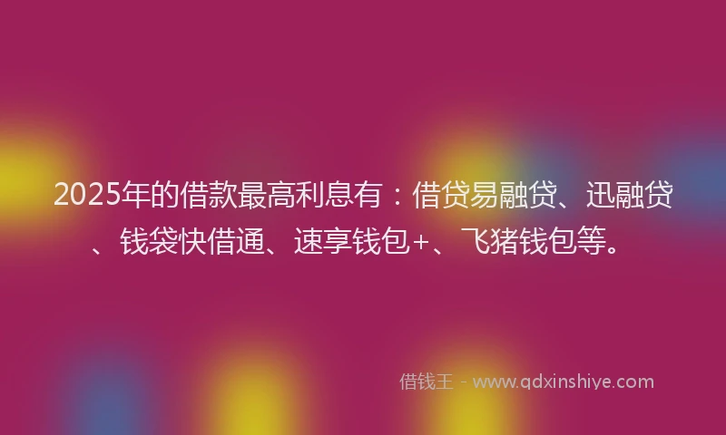 2025年的借款最高利息有：借贷易融贷、迅融贷、钱袋快借通、速享钱包+、飞猪钱包等。