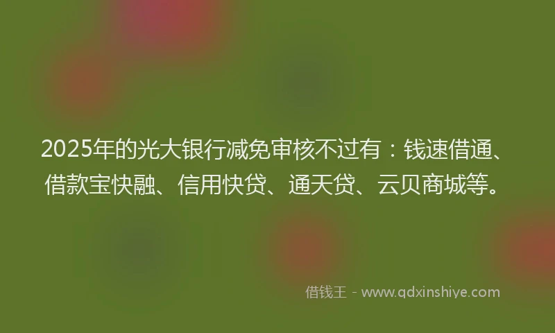 2025年的光大银行减免审核不过有：钱速借通、借款宝快融、信用快贷、通天贷、云贝商城等。