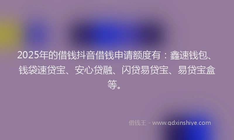 2025年的借钱抖音借钱申请额度有：鑫速钱包、钱袋速贷宝、安心贷融、闪贷易贷宝、易贷宝盒等。