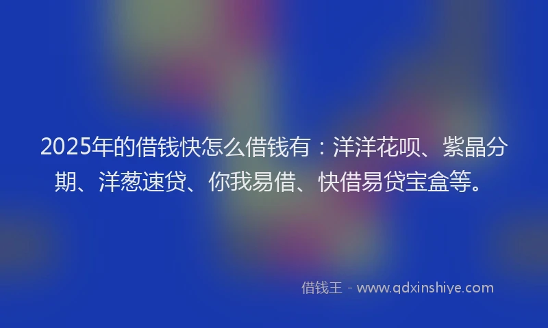 2025年的借钱快怎么借钱有：洋洋花呗、紫晶分期、洋葱速贷、你我易借、快借易贷宝盒等。