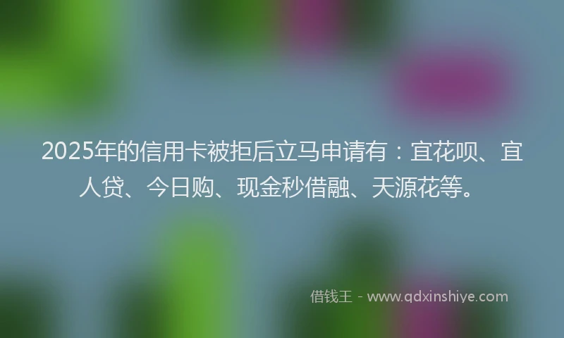 2025年的信用卡被拒后立马申请有：宜花呗、宜人贷、今日购、现金秒借融、天源花等。