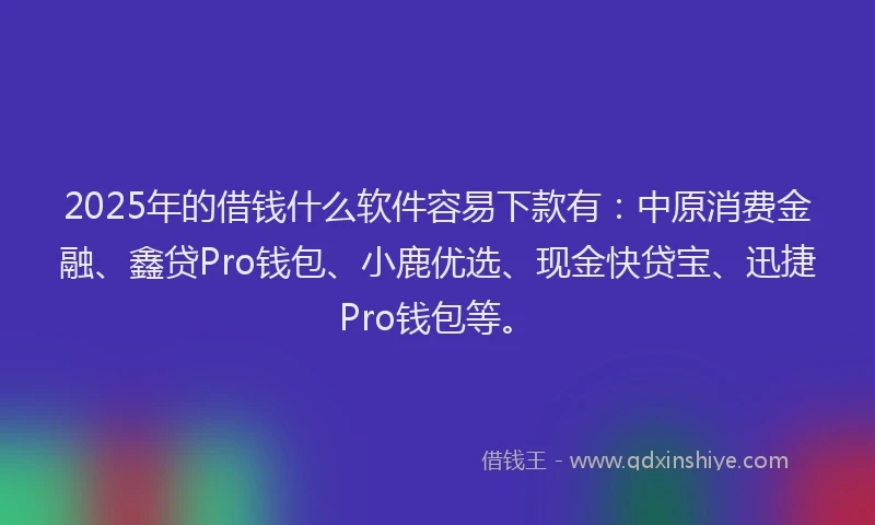 2025年的借钱什么软件容易下款有：中原消费金融、鑫贷Pro钱包、小鹿优选、现金快贷宝、迅捷Pro钱包等。