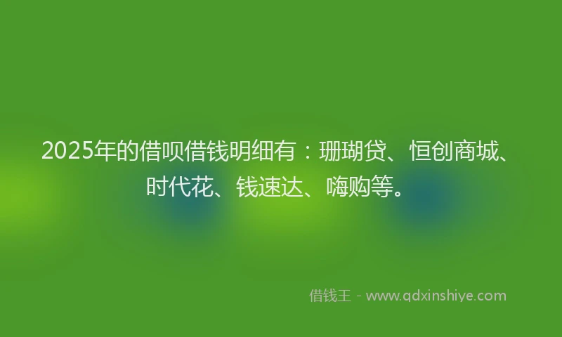 2025年的借呗借钱明细有：珊瑚贷、恒创商城、时代花、钱速达、嗨购等。