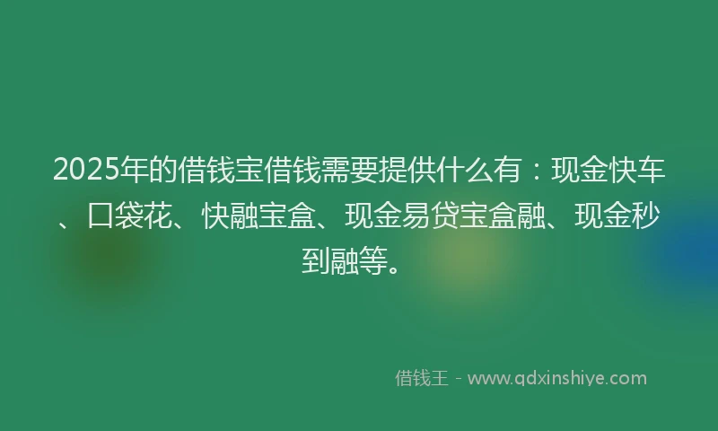 2025年的借钱宝借钱需要提供什么有：现金快车、口袋花、快融宝盒、现金易贷宝盒融、现金秒到融等。