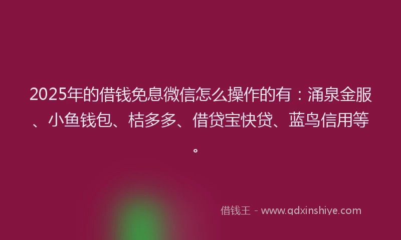 2025年的借钱免息微信怎么操作的有：涌泉金服、小鱼钱包、桔多多、借贷宝快贷、蓝鸟信用等。