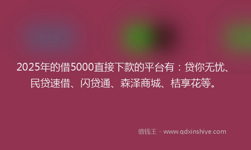 2025年的借5000直接下款的平台有：贷你无忧、民贷速借、闪贷通、森泽商城、桔享花等。