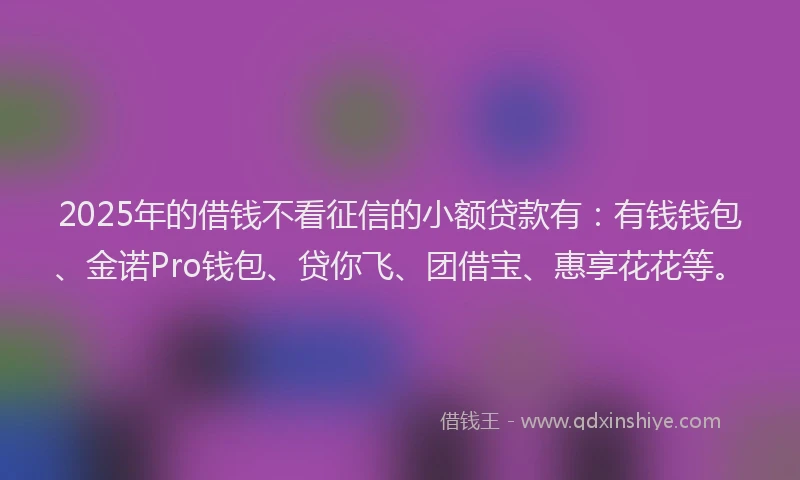 2025年的借钱不看征信的小额贷款有：有钱钱包、金诺Pro钱包、贷你飞、团借宝、惠享花花等。