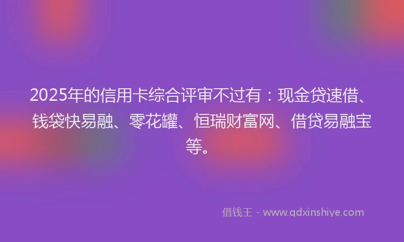 2025年的信用卡综合评审不过有：现金贷速借、钱袋快易融、零花罐、恒瑞财富网、借贷易融宝等。