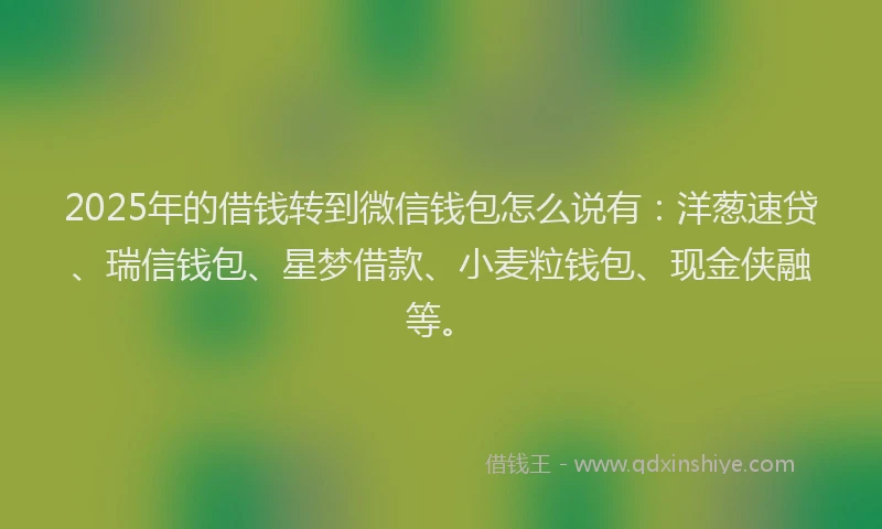 2025年的借钱转到微信钱包怎么说有：洋葱速贷、瑞信钱包、星梦借款、小麦粒钱包、现金侠融等。