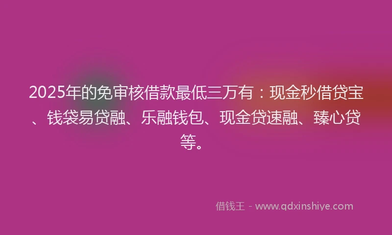 2025年的免审核借款最低三万有：现金秒借贷宝、钱袋易贷融、乐融钱包、现金贷速融、臻心贷等。