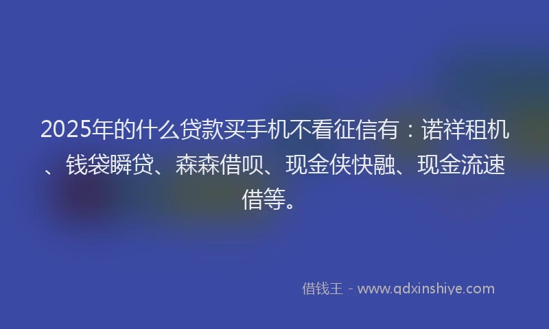 2025年的什么贷款买手机不看征信有：诺祥租机、钱袋瞬贷、森森借呗、现金侠快融、现金流速借等。