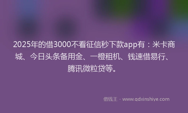 2025年的借3000不看征信秒下款app有：米卡商城、今日头条备用金、一橙租机、钱速借易行、腾讯微粒贷等。