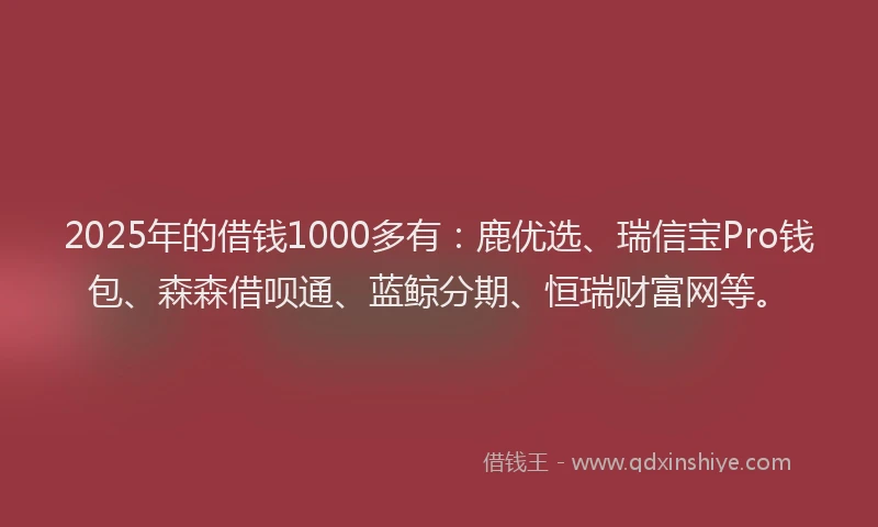2025年的借钱1000多有：鹿优选、瑞信宝Pro钱包、森森借呗通、蓝鲸分期、恒瑞财富网等。