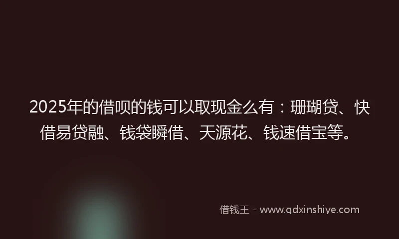 2025年的借呗的钱可以取现金么有：珊瑚贷、快借易贷融、钱袋瞬借、天源花、钱速借宝等。