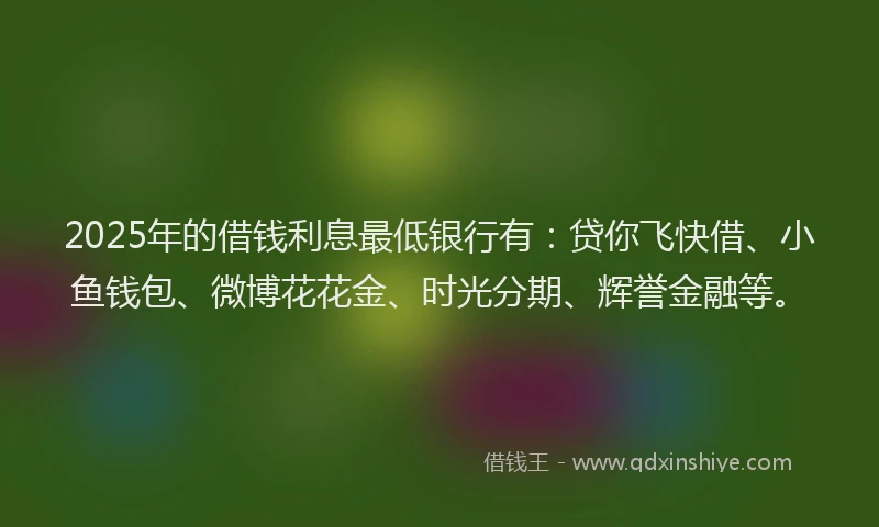 2025年的借钱利息最低银行有：贷你飞快借、小鱼钱包、微博花花金、时光分期、辉誉金融等。