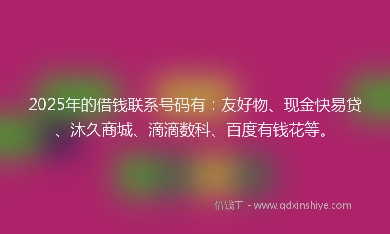 2025年的借钱联系号码有：友好物、现金快易贷、沐久商城、滴滴数科、百度有钱花等。