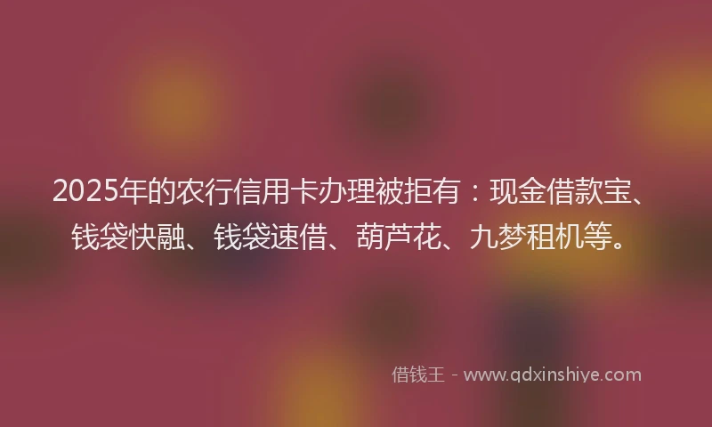 2025年的农行信用卡办理被拒有：现金借款宝、钱袋快融、钱袋速借、葫芦花、九梦租机等。