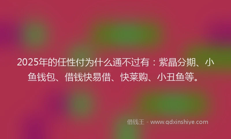 2025年的任性付为什么通不过有：紫晶分期、小鱼钱包、借钱快易借、快莱购、小丑鱼等。