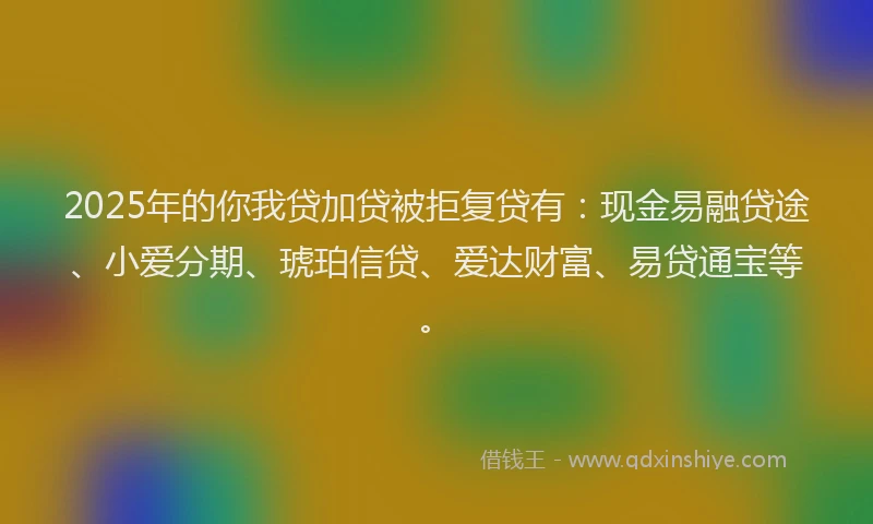 2025年的你我贷加贷被拒复贷有：现金易融贷途、小爱分期、琥珀信贷、爱达财富、易贷通宝等。