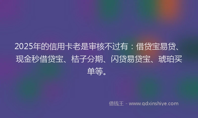2025年的信用卡老是审核不过有：借贷宝易贷、现金秒借贷宝、桔子分期、闪贷易贷宝、琥珀买单等。