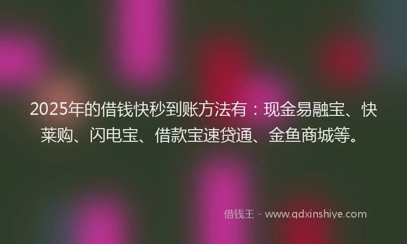 2025年的借钱快秒到账方法有：现金易融宝、快莱购、闪电宝、借款宝速贷通、金鱼商城等。