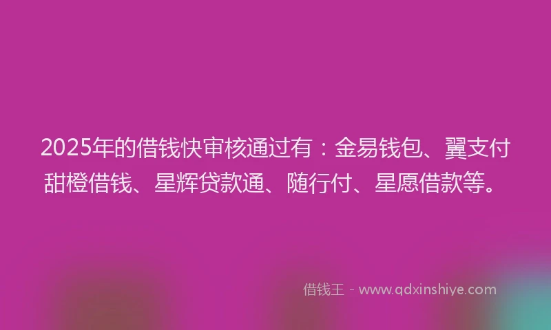 2025年的借钱快审核通过有：金易钱包、翼支付甜橙借钱、星辉贷款通、随行付、星愿借款等。