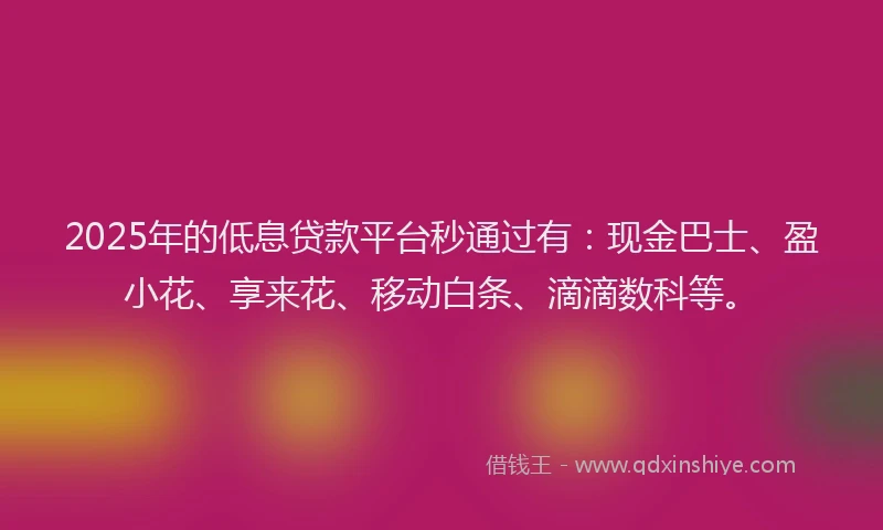 2025年的低息贷款平台秒通过有：现金巴士、盈小花、享来花、移动白条、滴滴数科等。