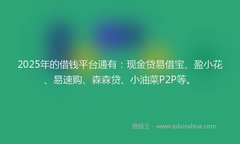 2025年的借钱平台通有：现金贷易借宝、盈小花、易速购、森森贷、小油菜P2P等。