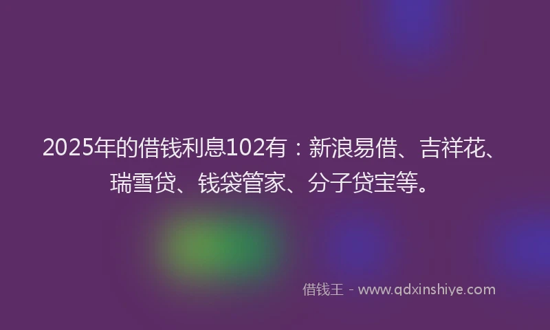 2025年的借钱利息102有：新浪易借、吉祥花、瑞雪贷、钱袋管家、分子贷宝等。