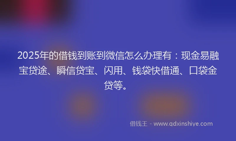2025年的借钱到账到微信怎么办理有：现金易融宝贷途、瞬信贷宝、闪用、钱袋快借通、口袋金贷等。