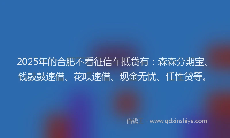 2025年的合肥不看征信车抵贷有：森森分期宝、钱鼓鼓速借、花呗速借、现金无忧、任性贷等。