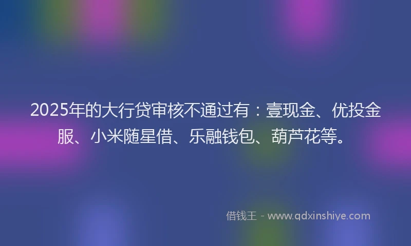 2025年的大行贷审核不通过有：壹现金、优投金服、小米随星借、乐融钱包、葫芦花等。