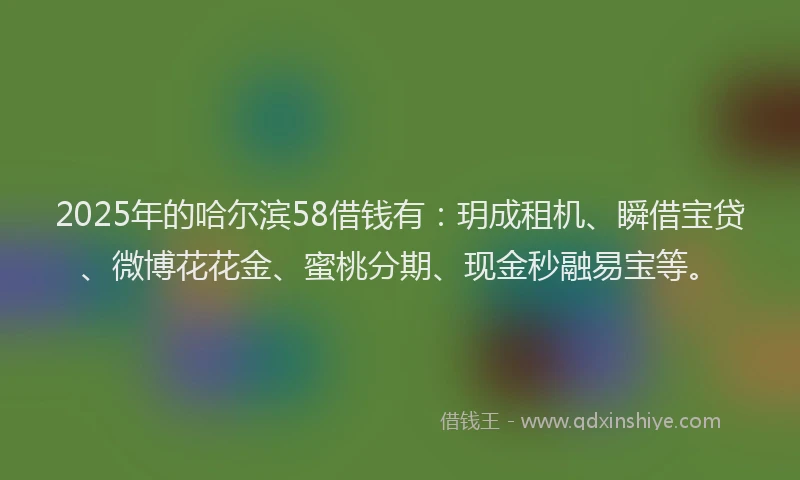 2025年的哈尔滨58借钱有：玥成租机、瞬借宝贷、微博花花金、蜜桃分期、现金秒融易宝等。