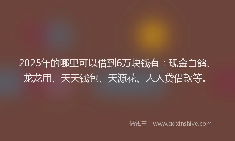 2025年的哪里可以借到6万块钱有：现金白鸽、龙龙用、天天钱包、天源花、人人贷借款等。