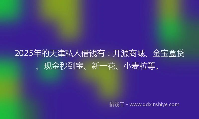 2025年的天津私人借钱有：开源商城、金宝盒贷、现金秒到宝、新一花、小麦粒等。
