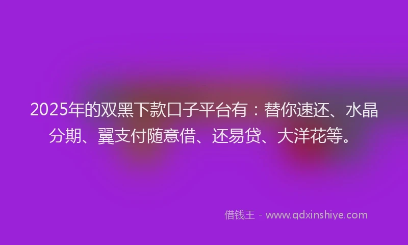 2025年的双黑下款口子平台有：替你速还、水晶分期、翼支付随意借、还易贷、大洋花等。