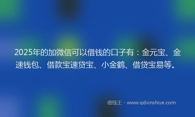 2025年的加微信可以借钱的口子有：金元宝、金速钱包、借款宝速贷宝、小金鹤、借贷宝易等。